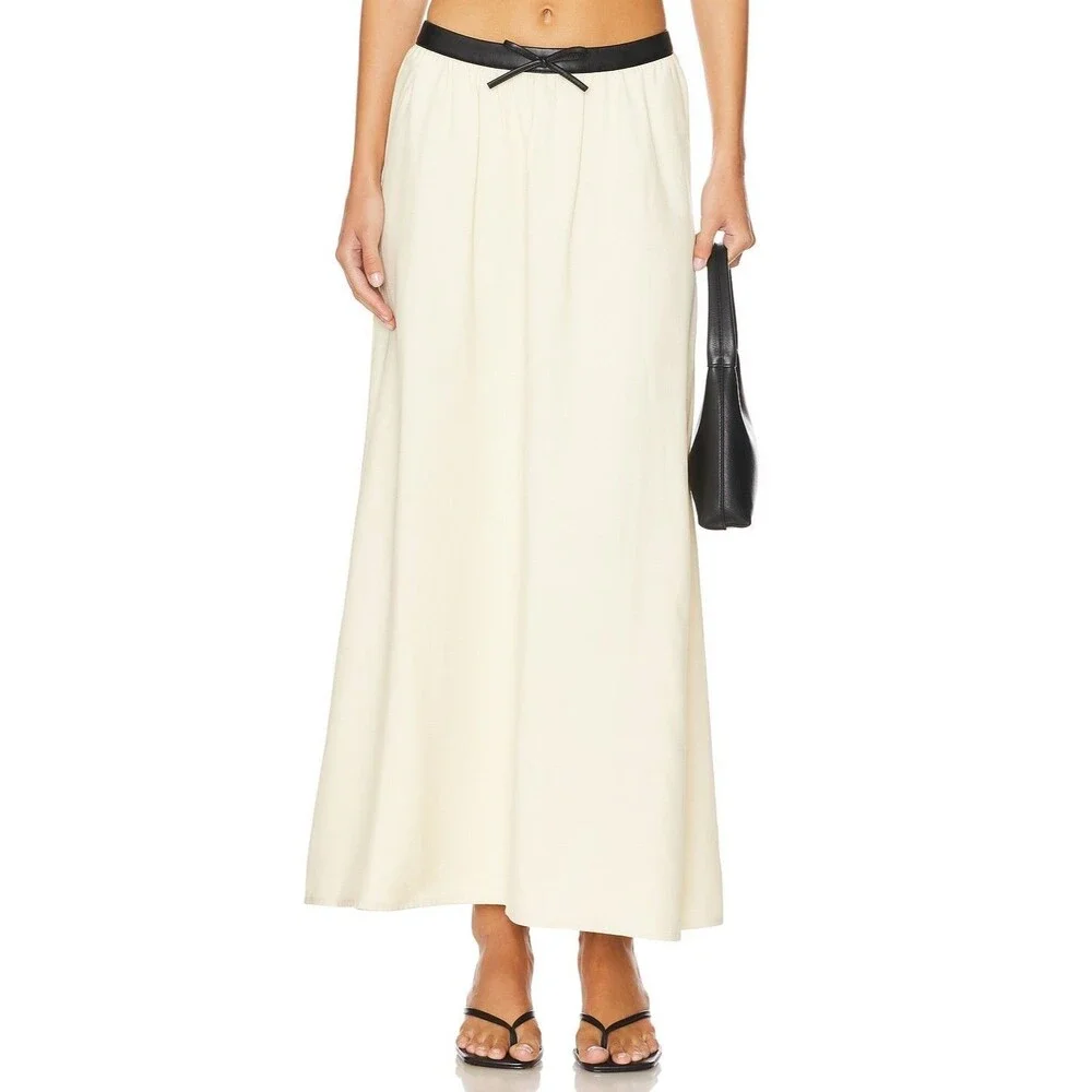Revolve We Wore What Bow Maxi Skirt Linen Blend Wood Ash and Black Womens Medium